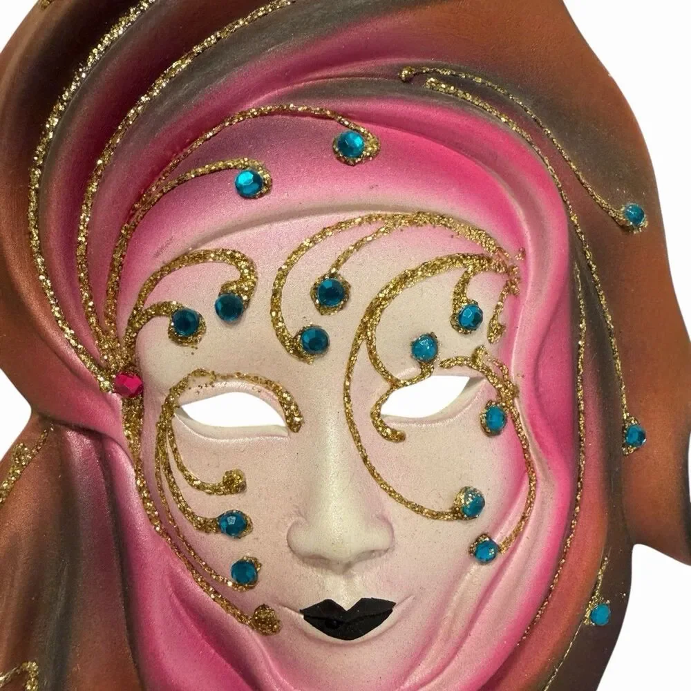 Ceramic Venetian Wall Mask Pink Bronze Rhinestone Glitter Masquerade Mardi Gras